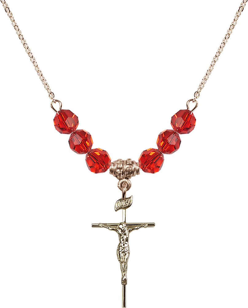 14kt Gold Filled Crucifix Birthstone Necklace with Ruby Beads - 1535