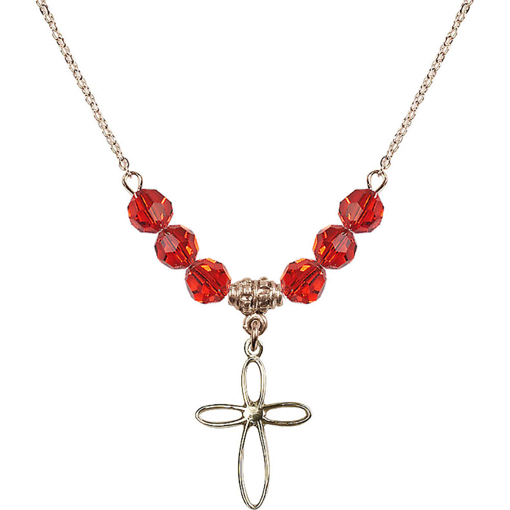 14kt Gold Filled Loop Cross Birthstone Necklace with Ruby Beads - 1707