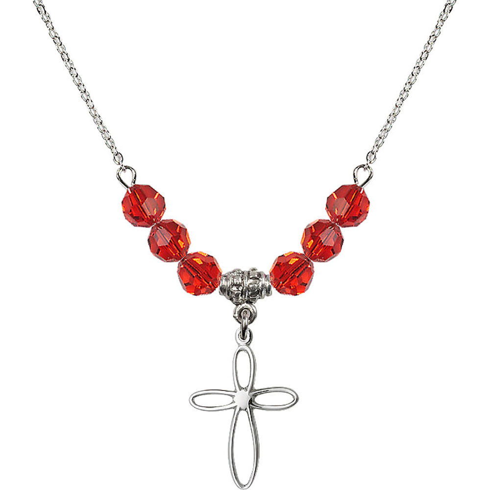 Sterling Silver Loop Cross Birthstone Necklace with Ruby Beads - 1707