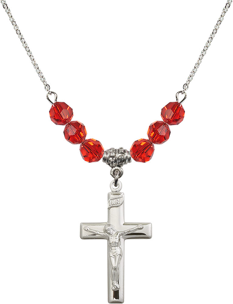 Sterling Silver Crucifix Birthstone Necklace with Ruby Beads - 2191