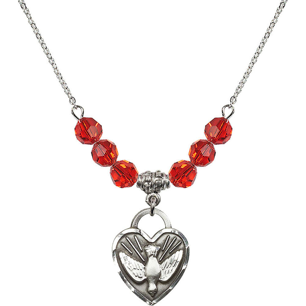 Sterling Silver Confirmation Heart Birthstone Necklace with Ruby Beads - 3205