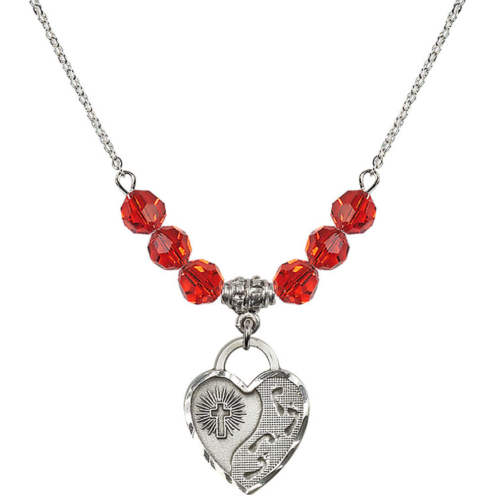 Sterling Silver Footprints Heart Birthstone Necklace with Ruby Beads - 3207