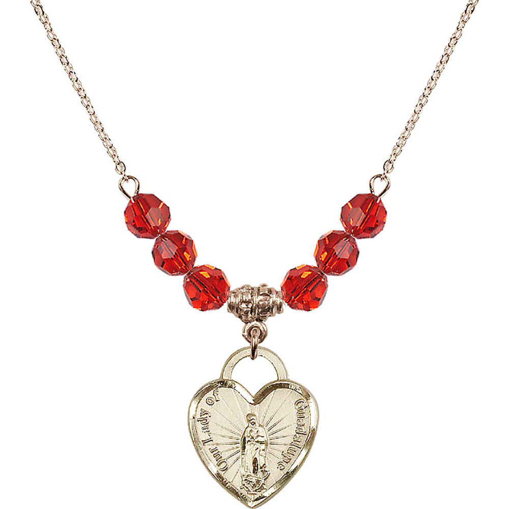 14kt Gold Filled Our Lady of Guadalupe Heart / Recuerdo Birthstone Necklace with Ruby Beads - 3209