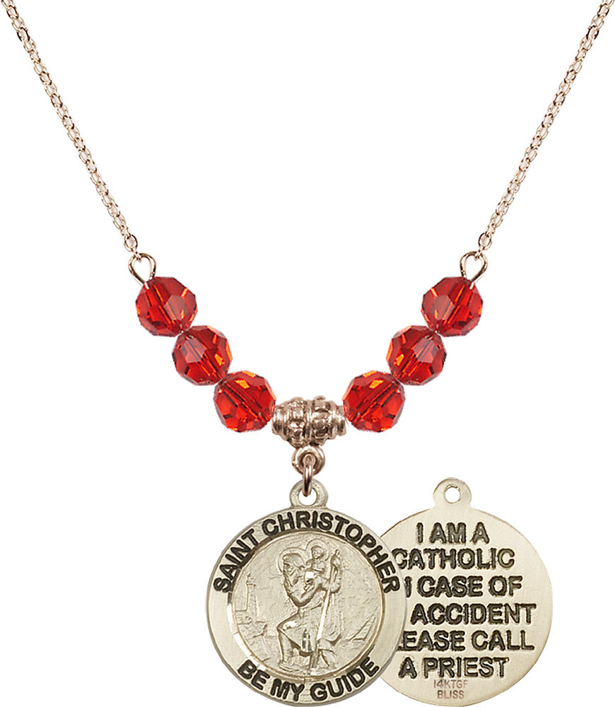 14kt Gold Filled Saint Christopher Birthstone Necklace with Ruby Beads - 4049