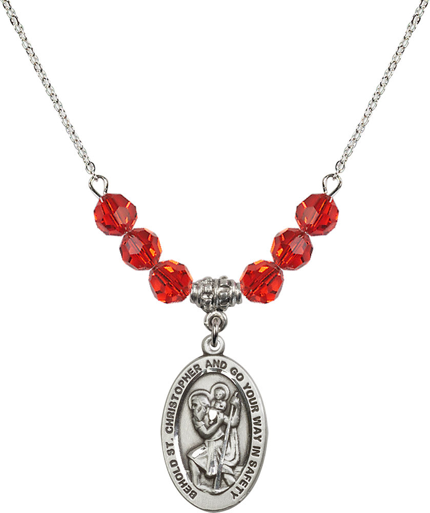 Sterling Silver Saint Christopher Birthstone Necklace with Ruby Beads - 4123