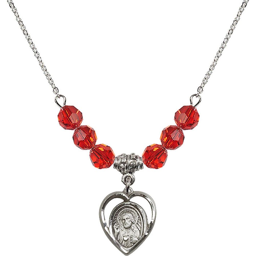 Sterling Silver Scapular Birthstone Necklace with Ruby Beads - 4126
