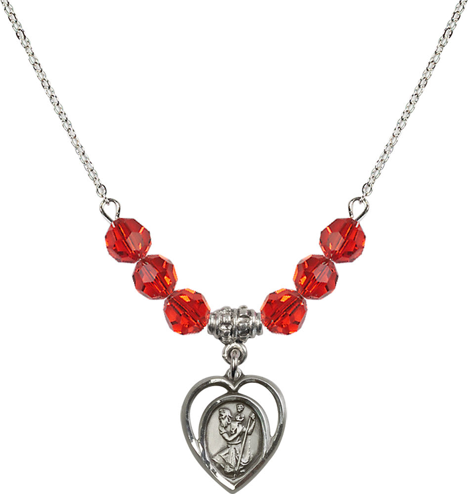 Sterling Silver Saint Christopher Birthstone Necklace with Ruby Beads - 4127
