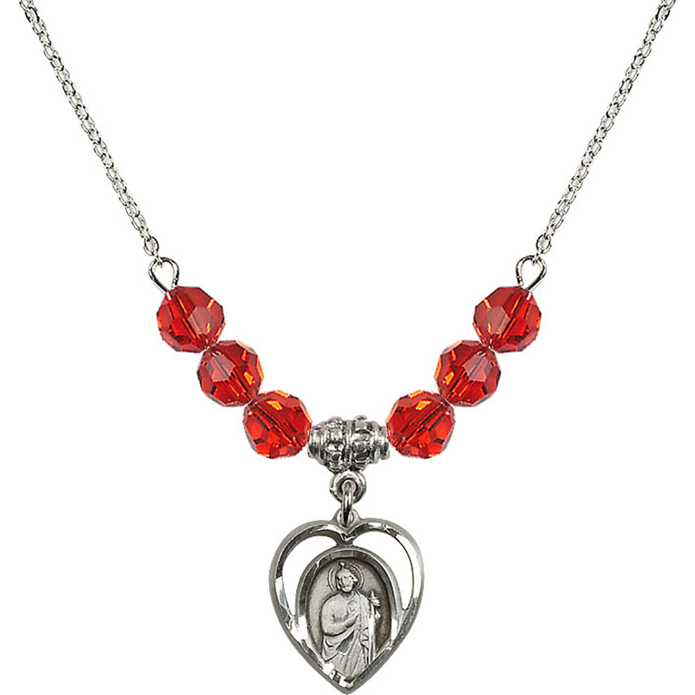 Sterling Silver Saint Jude Birthstone Necklace with Ruby Beads - 4128