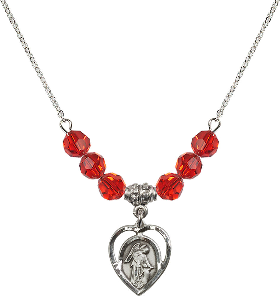 Sterling Silver Guardian Angel Birthstone Necklace with Ruby Beads - 4129