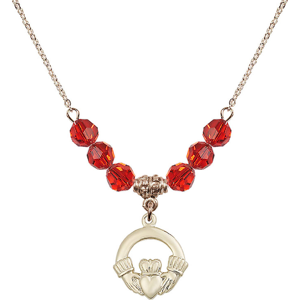 14kt Gold Filled Claddagh Birthstone Necklace with Ruby Beads - 4138