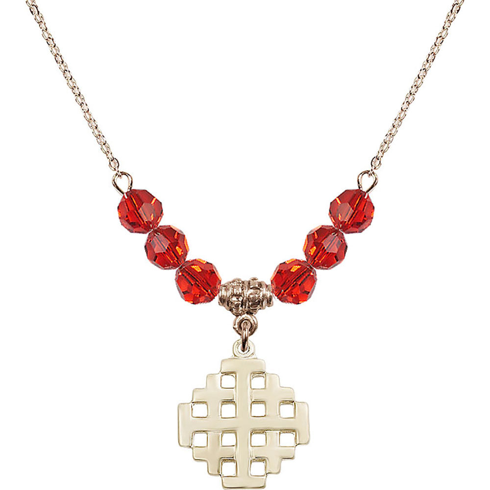 14kt Gold Filled Jerusalem Cross Birthstone Necklace with Ruby Beads - 4139