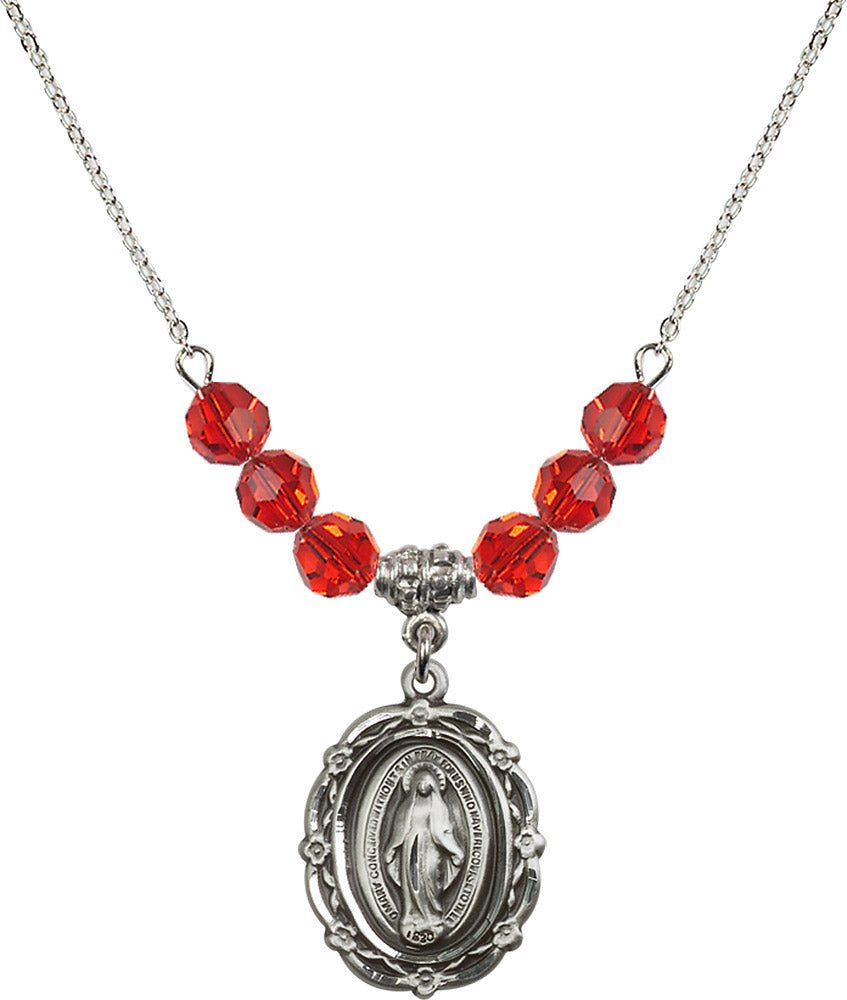 Sterling Silver Miraculous Birthstone Necklace with Ruby Beads - 4146