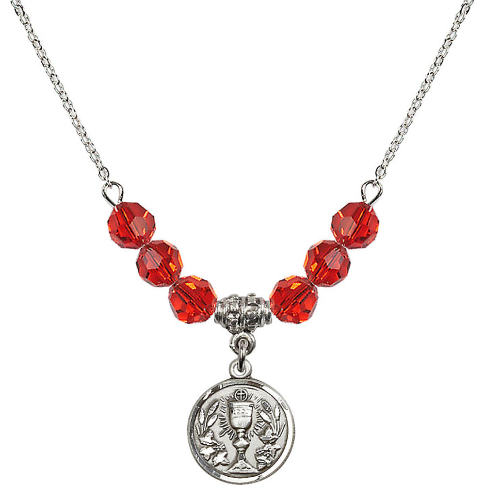 Sterling Silver Communion Chalice Birthstone Necklace with Ruby Beads - 4203