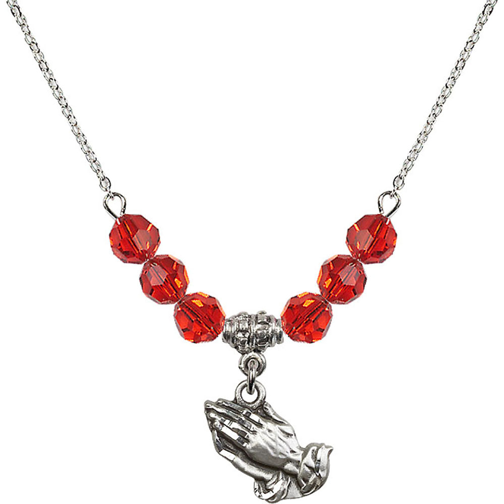 Sterling Silver Praying Hands Birthstone Necklace with Ruby Beads - 4219