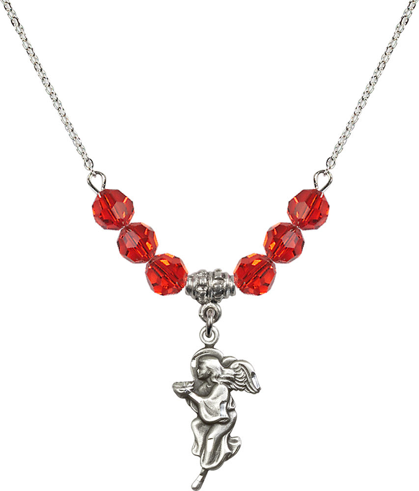 Sterling Silver Guardian Angel Birthstone Necklace with Ruby Beads - 4260