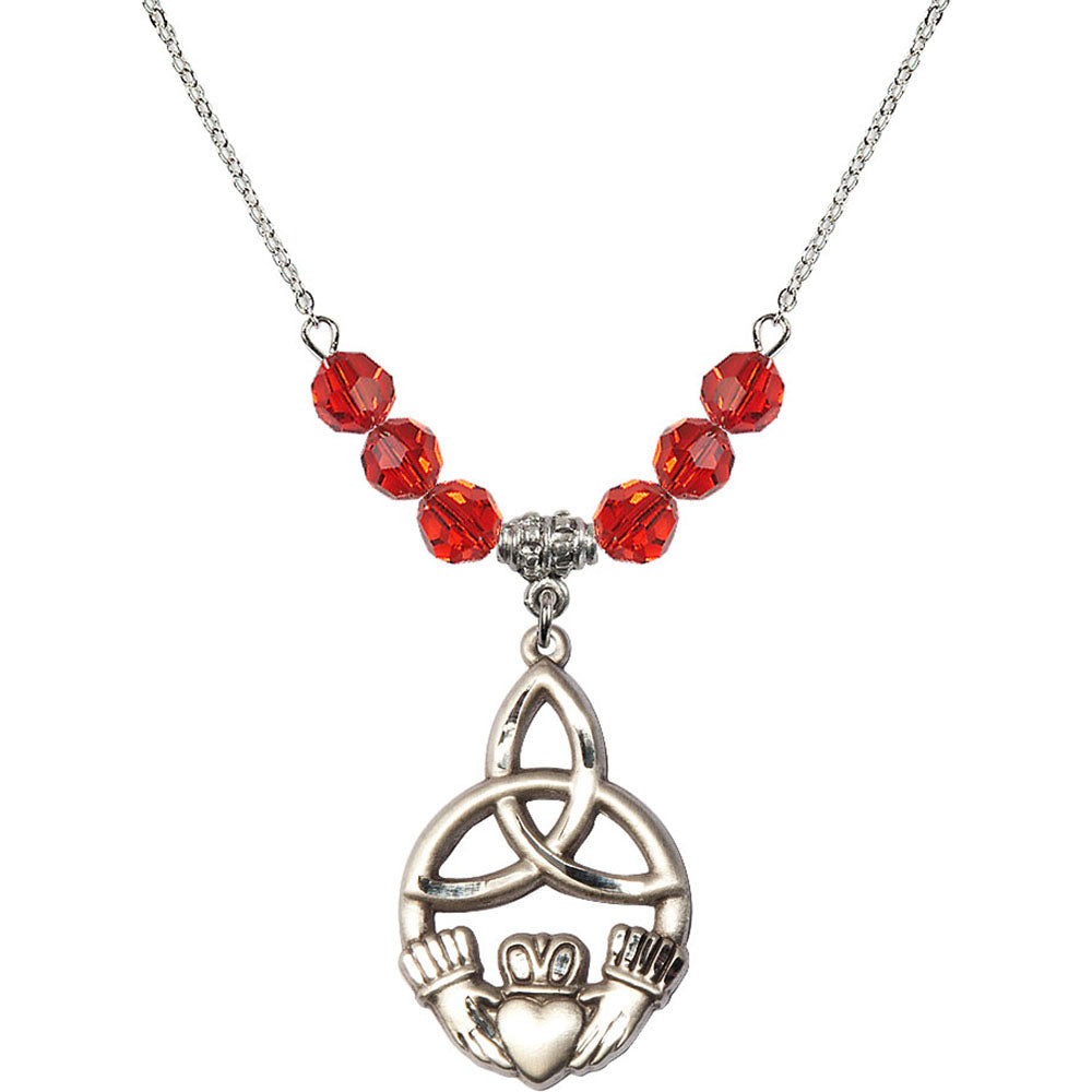 Sterling Silver Irish Knot / Claddagh Birthstone Necklace with Ruby Beads - 5102
