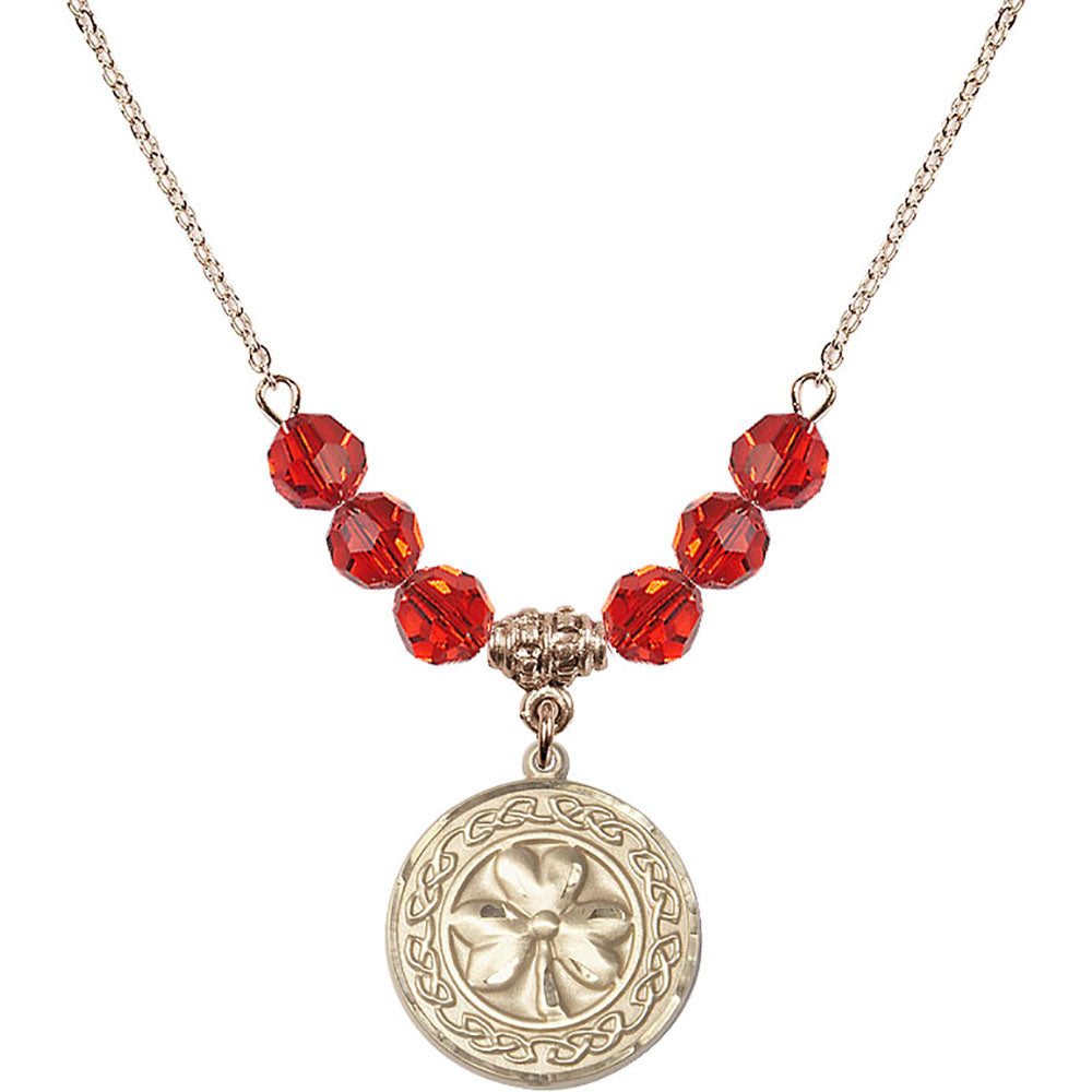 14kt Gold Filled Shamrock w/ Celtic Border Birthstone Necklace with Ruby Beads - 5106