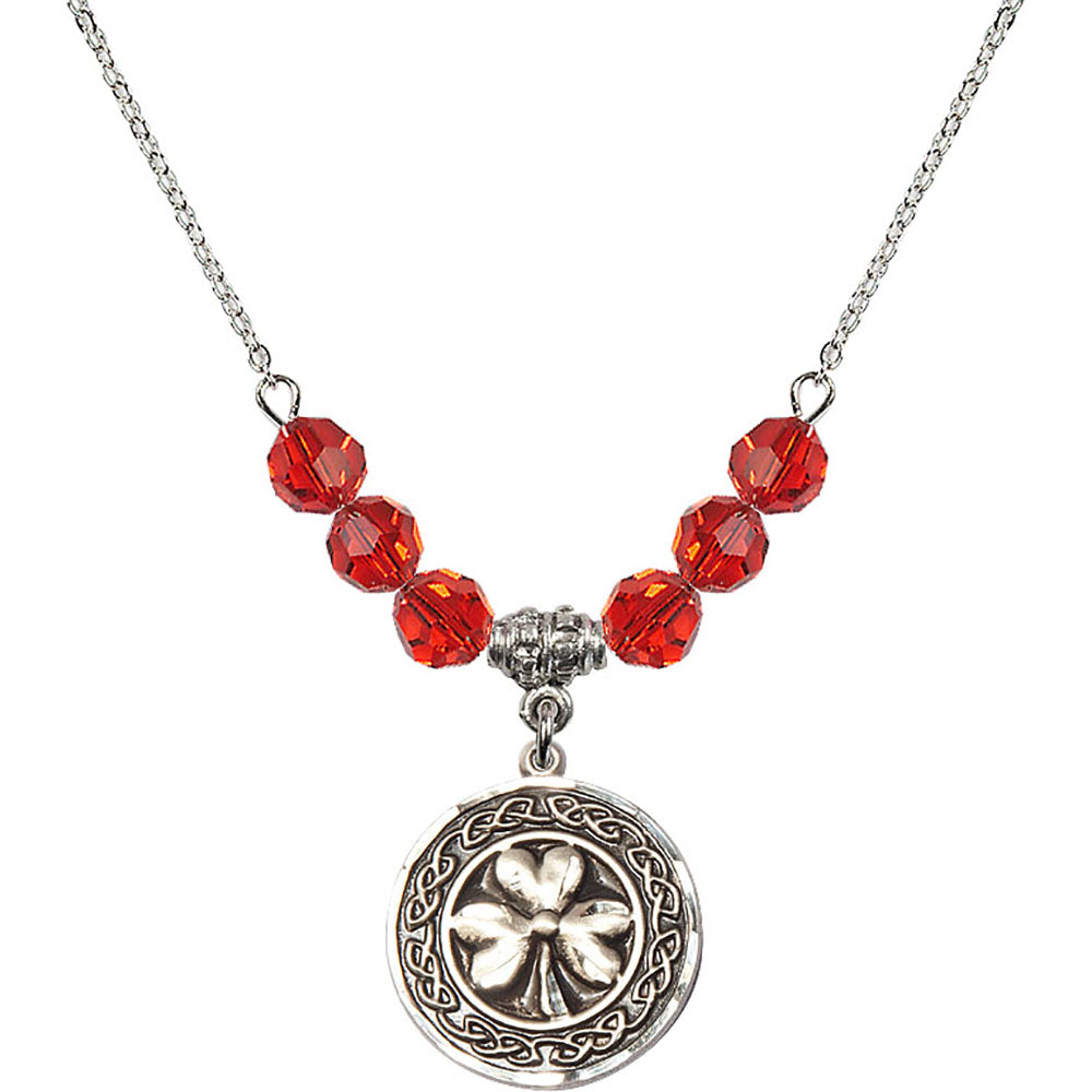 Sterling Silver Shamrock w/ Celtic Border Birthstone Necklace with Ruby Beads - 5106