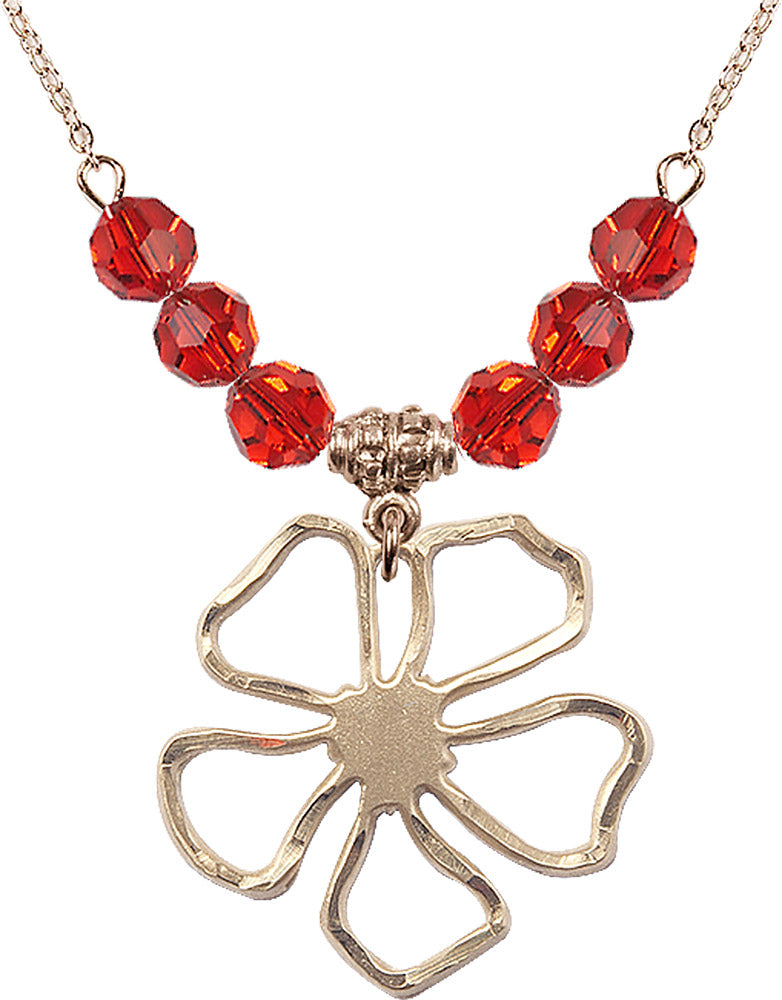 14kt Gold Filled Five Pedal Flower Birthstone Necklace with Ruby Beads - 5109