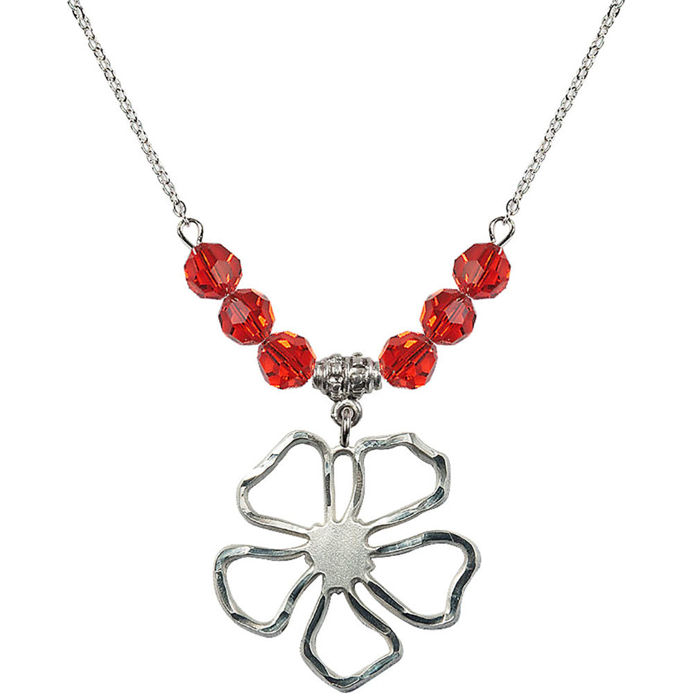 Sterling Silver Five Pedal Flower Birthstone Necklace with Ruby Beads - 5109