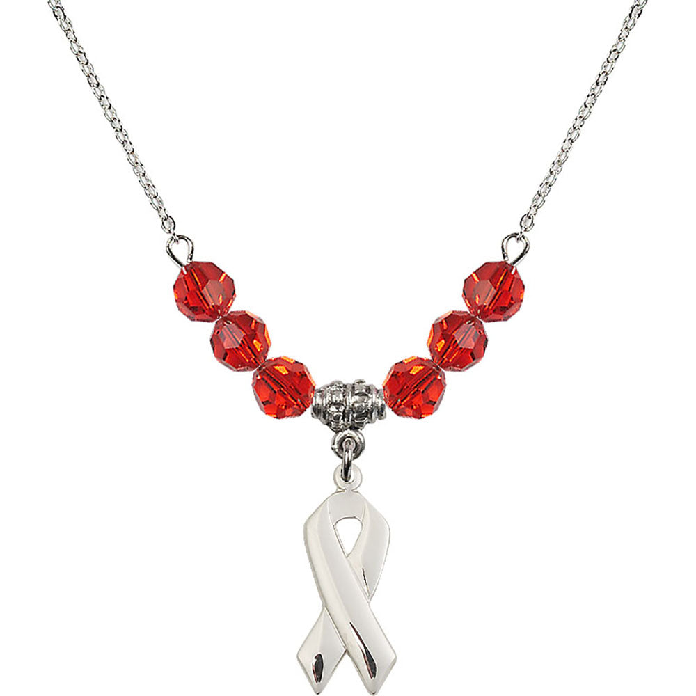 Sterling Silver Cancer Awareness Birthstone Necklace with Ruby Beads - 5150