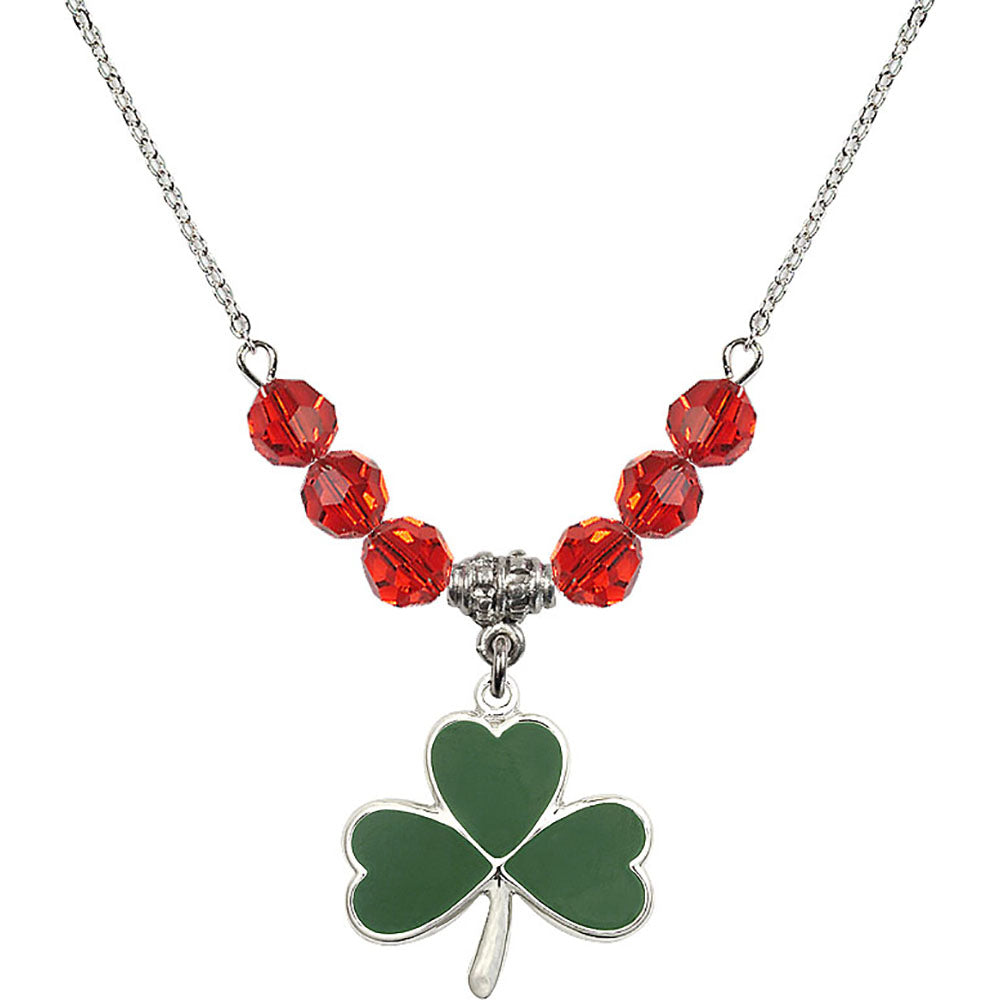 Sterling Silver Shamrock Birthstone Necklace with Ruby Beads - 5248