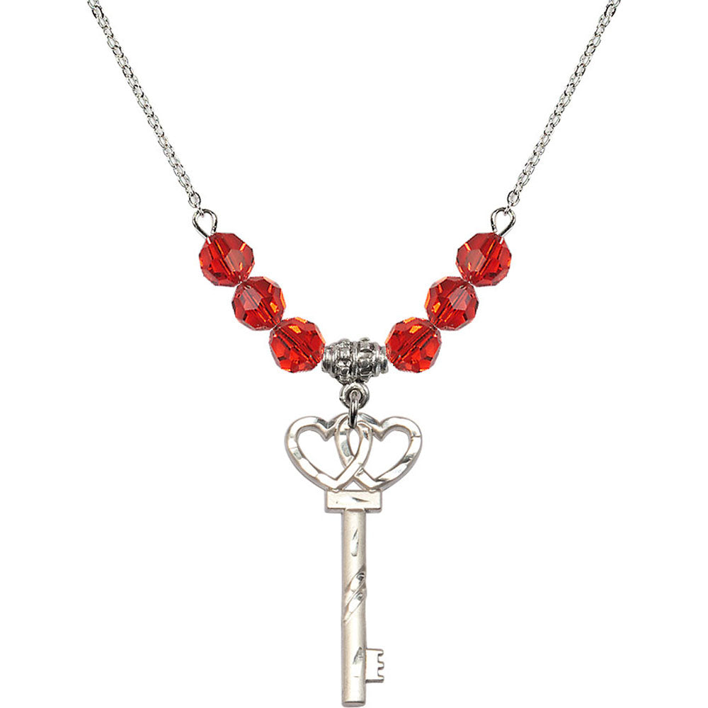 Sterling Silver Small Key w/Double Hearts Birthstone Necklace with Ruby Beads - 6213