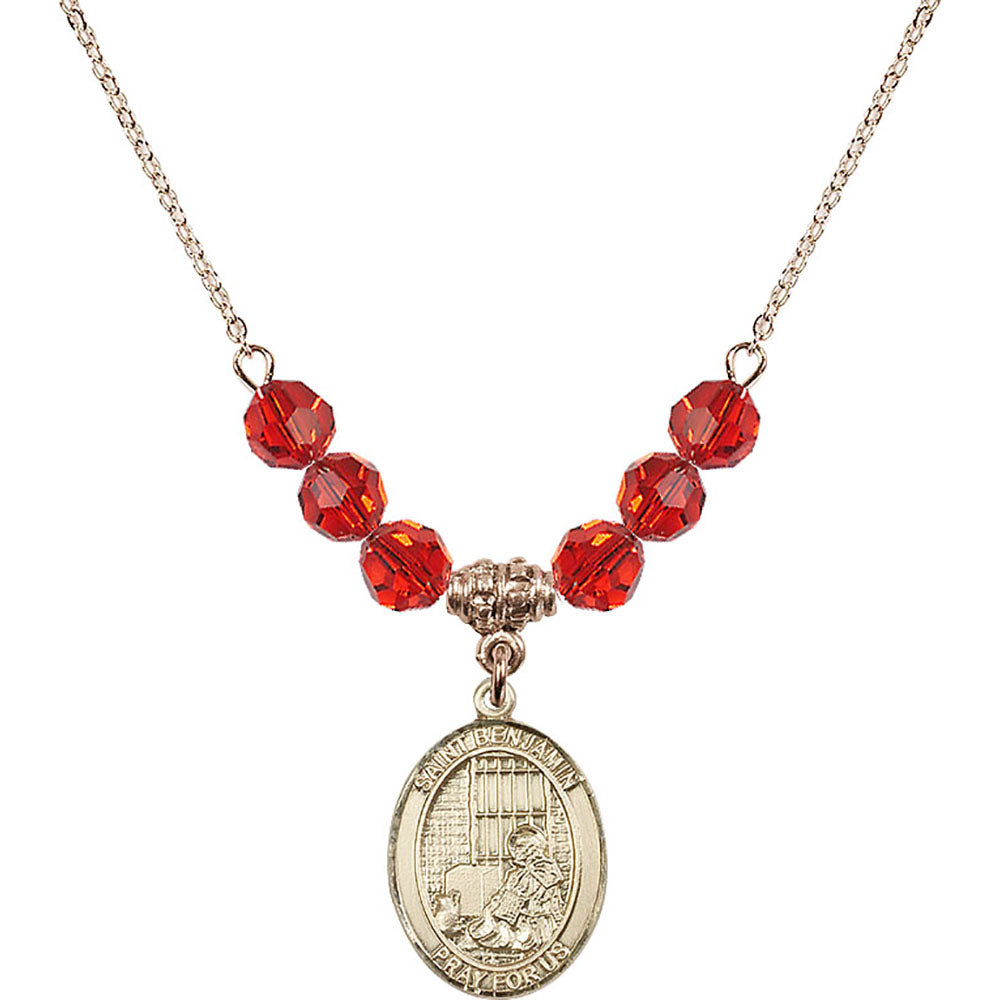 14kt Gold Filled Saint Benjamin Birthstone Necklace with Ruby Beads - 8013