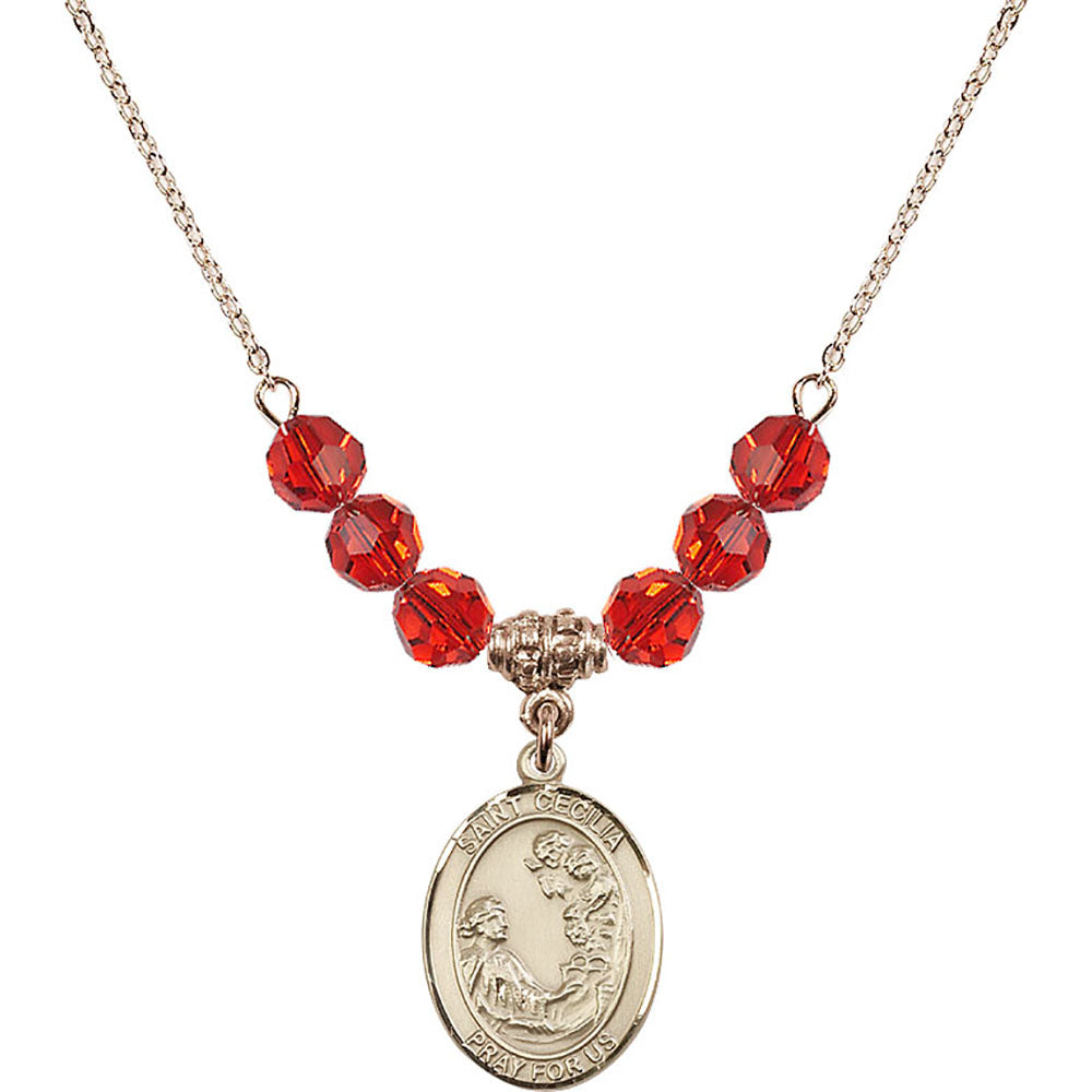 14kt Gold Filled Saint Cecilia Birthstone Necklace with Ruby Beads - 8016