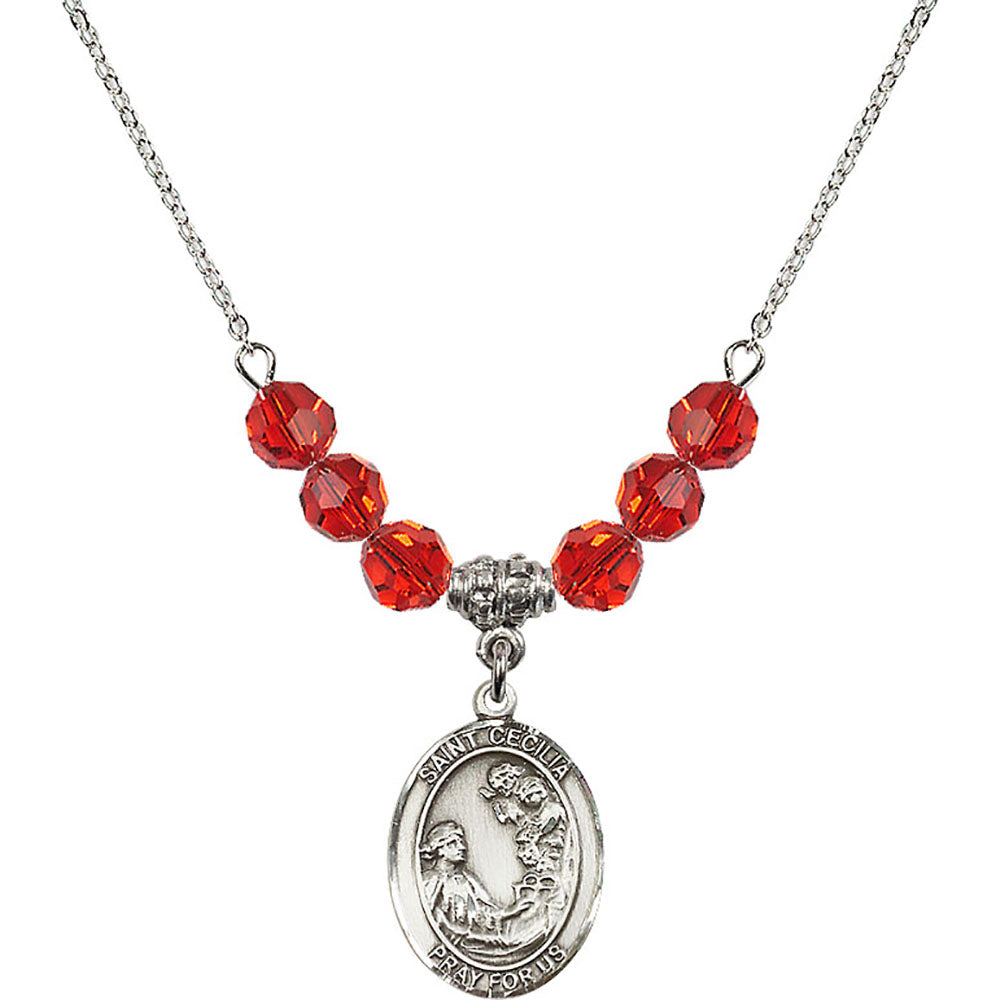 Sterling Silver Saint Cecilia Birthstone Necklace with Ruby Beads - 8016