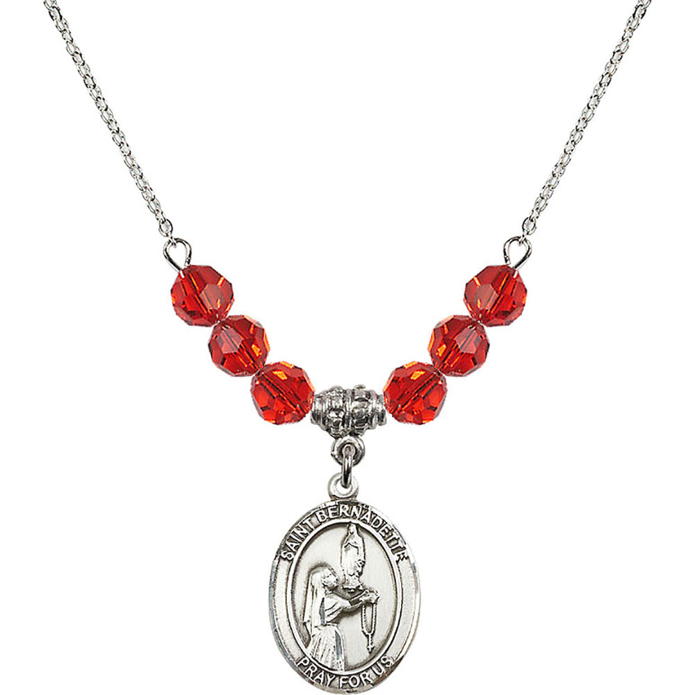 Sterling Silver Saint Bernadette Birthstone Necklace with Ruby Beads - 8017