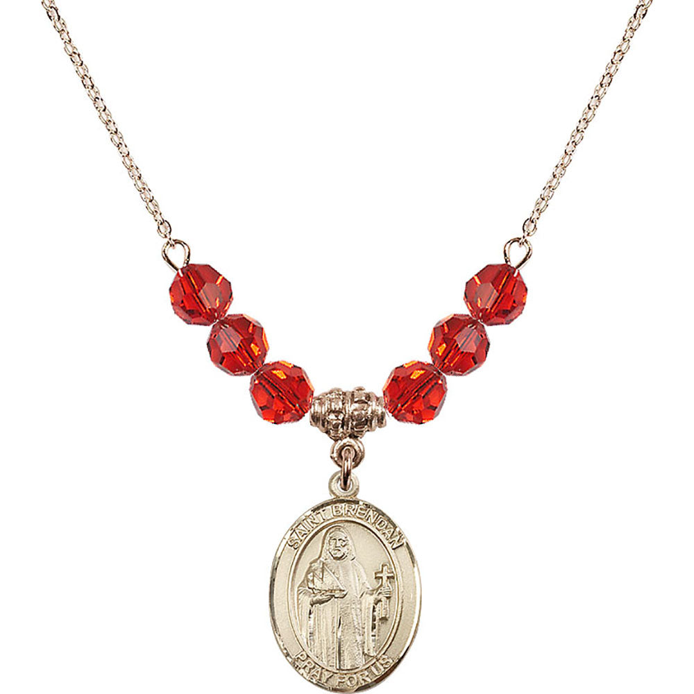 14kt Gold Filled Saint Brendan the Navigator Birthstone Necklace with Ruby Beads - 8018