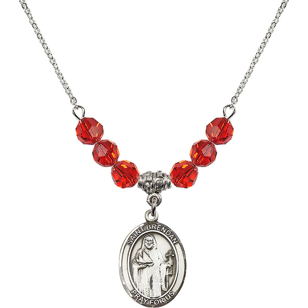 Sterling Silver Saint Brendan the Navigator Birthstone Necklace with Ruby Beads - 8018
