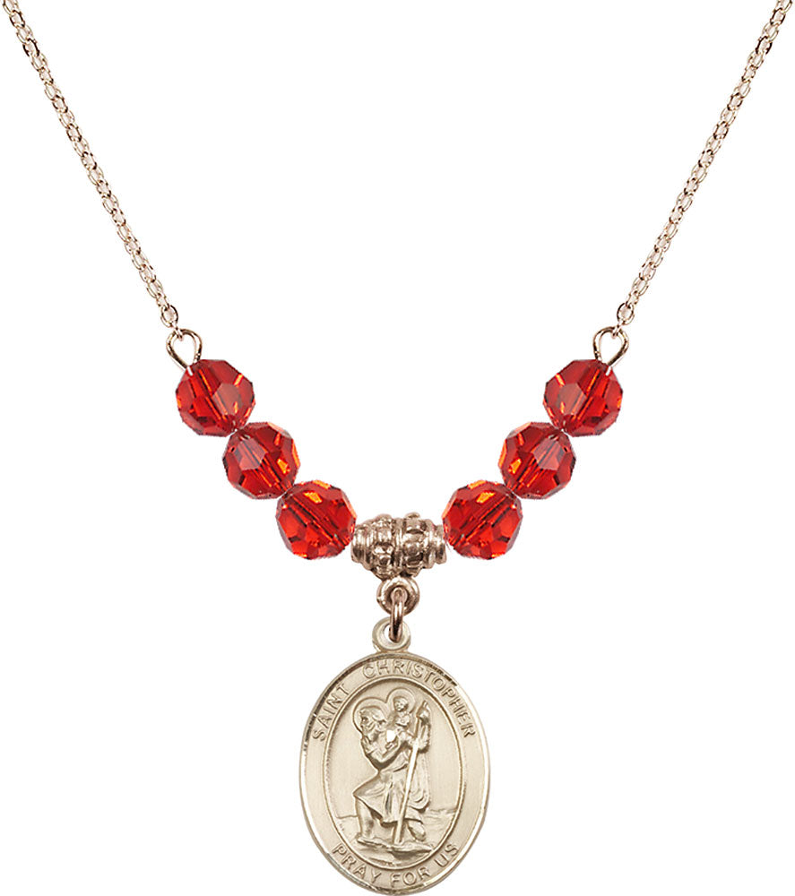 14kt Gold Filled Saint Christopher Birthstone Necklace with Ruby Beads - 8022