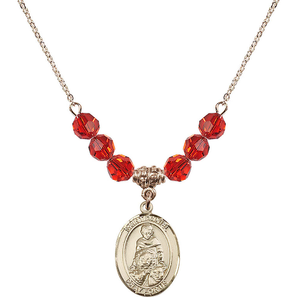14kt Gold Filled Saint Daniel Birthstone Necklace with Ruby Beads - 8024