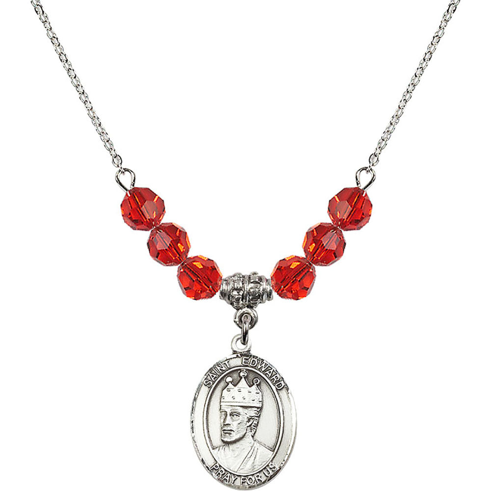 Sterling Silver Saint Edward the Confessor Birthstone Necklace with Ruby Beads - 8026