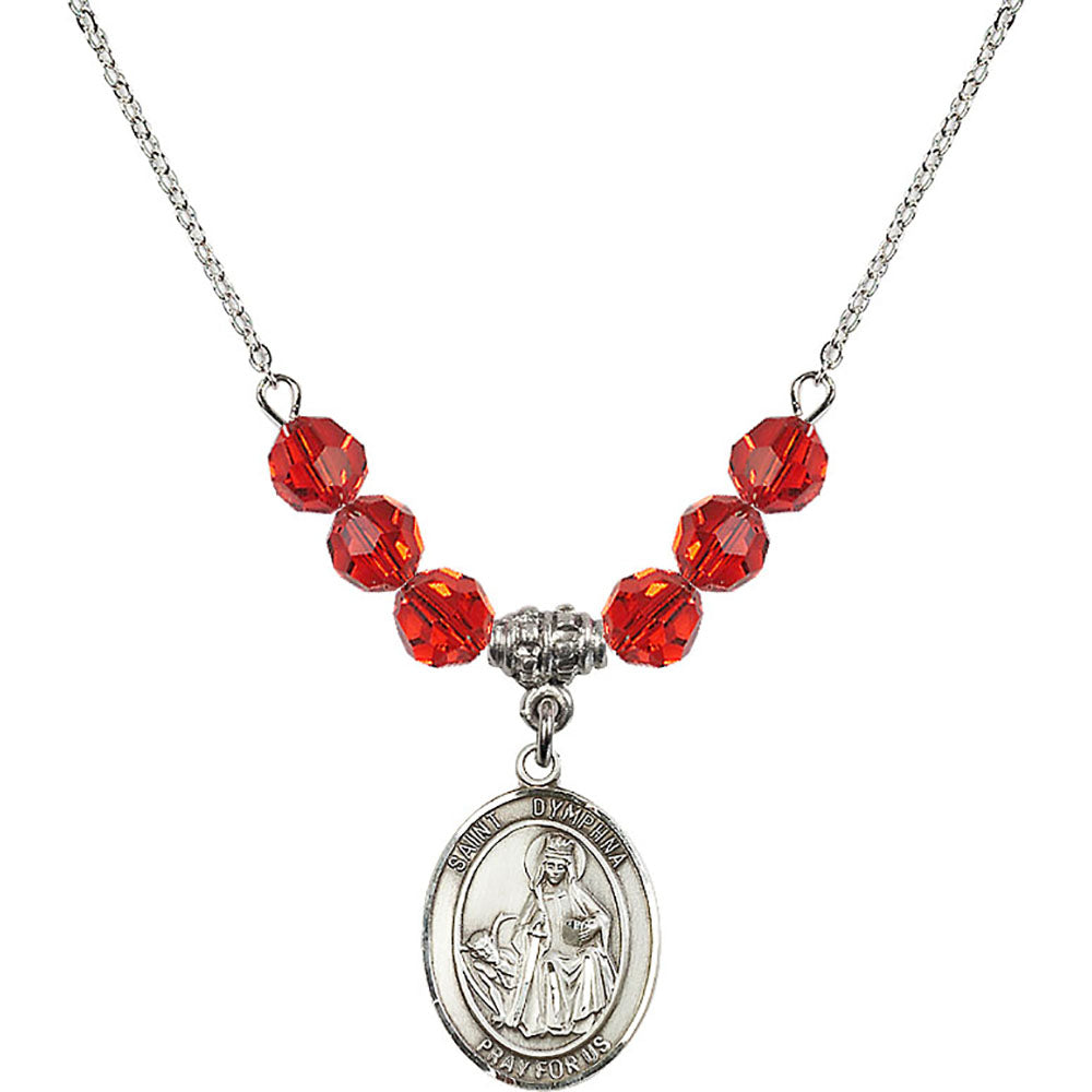 Sterling Silver Saint Dymphna Birthstone Necklace with Ruby Beads - 8032