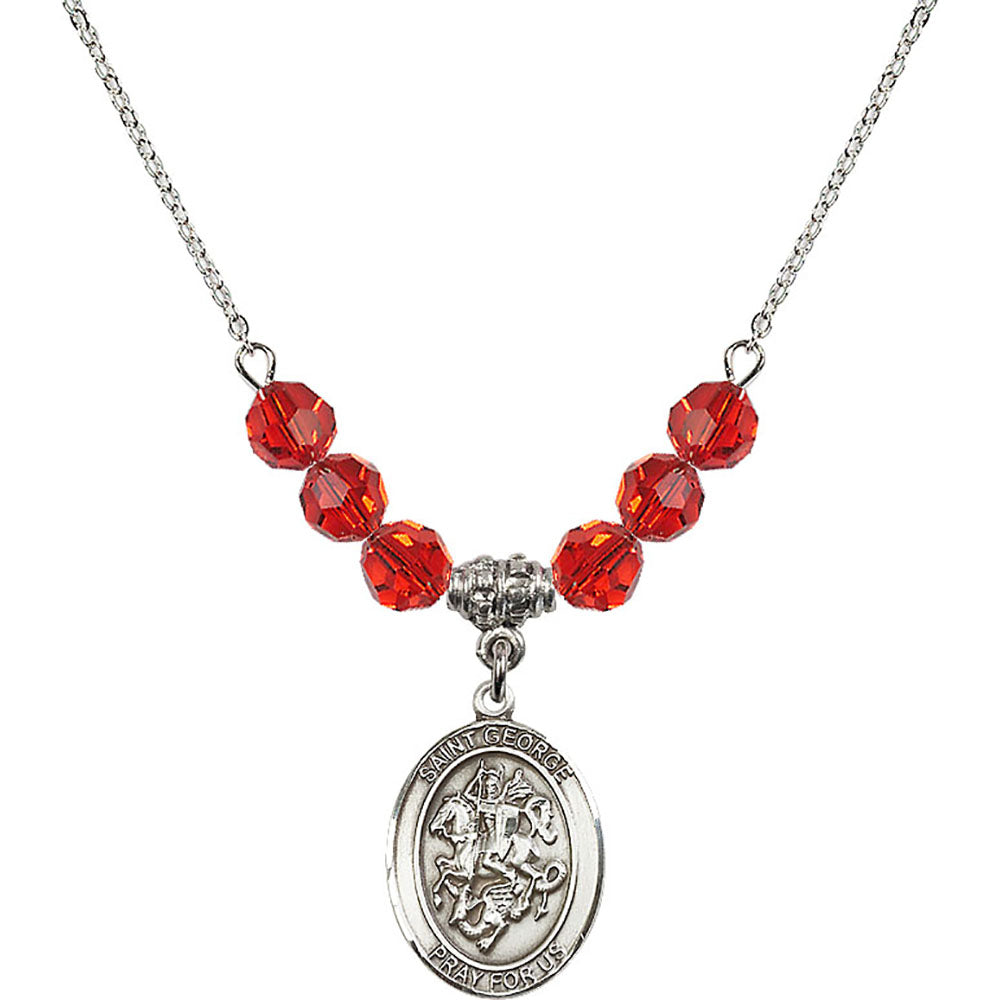 Sterling Silver Saint George Birthstone Necklace with Ruby Beads - 8040