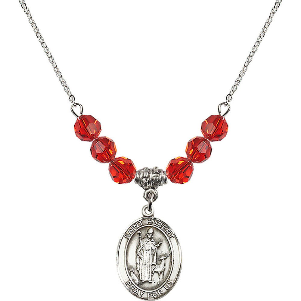 Sterling Silver Saint Hubert of Liege Birthstone Necklace with Ruby Beads - 8045