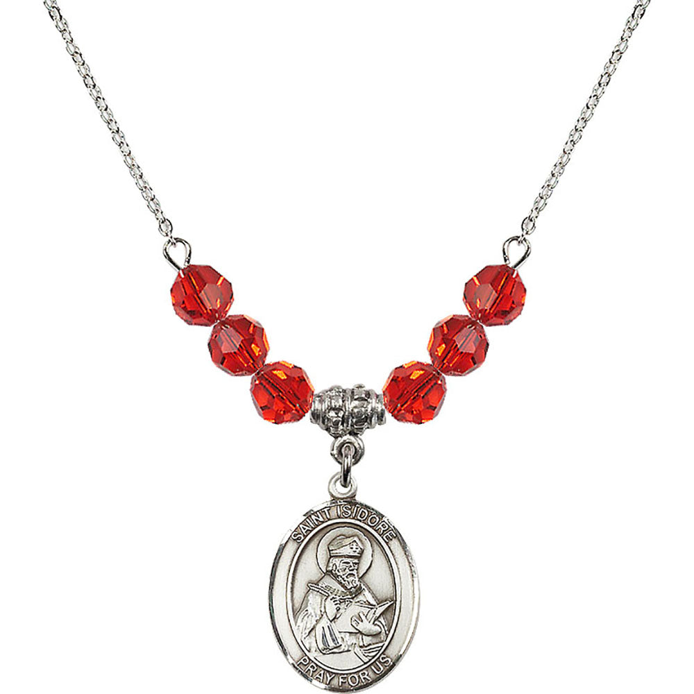 Sterling Silver Saint Isidore of Seville Birthstone Necklace with Ruby Beads - 8049
