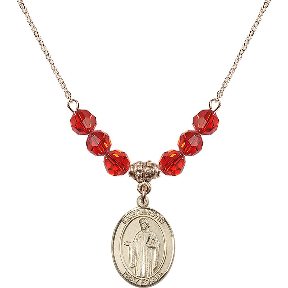 14kt Gold Filled Saint Justin Birthstone Necklace with Ruby Beads - 8052