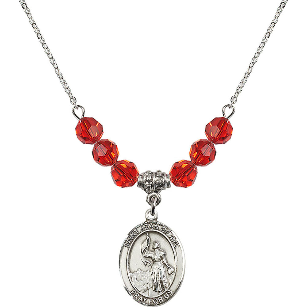 Sterling Silver Saint Joan of Arc Birthstone Necklace with Ruby Beads - 8053