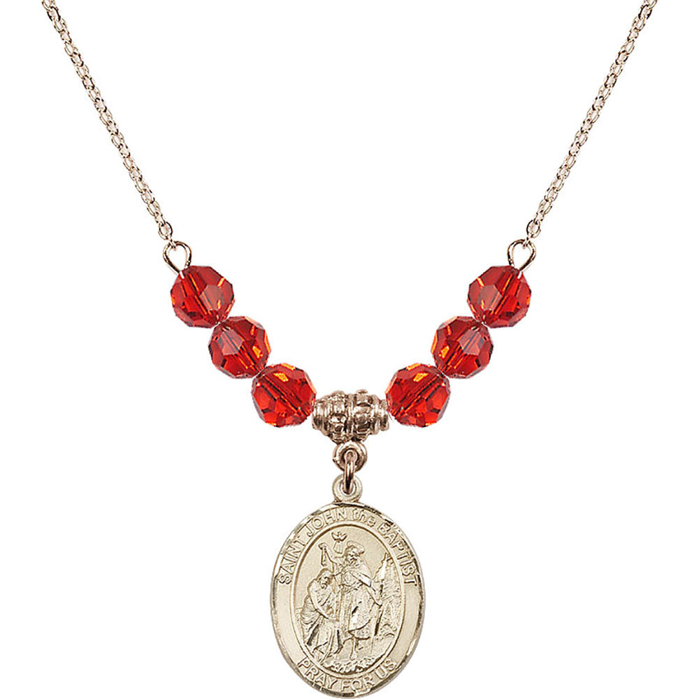 14kt Gold Filled Saint John the Baptist Birthstone Necklace with Ruby Beads - 8054