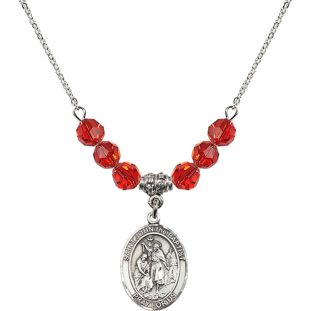 Sterling Silver Saint John the Baptist Birthstone Necklace with Ruby Beads - 8054