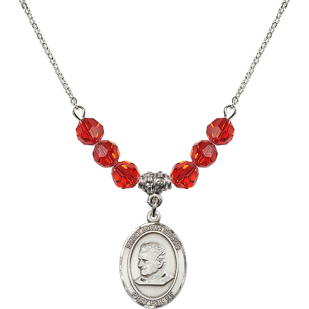 Sterling Silver Saint John Bosco Birthstone Necklace with Ruby Beads - 8055