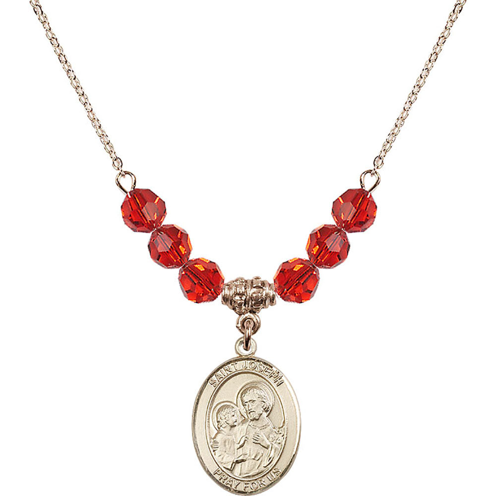 14kt Gold Filled Saint Joseph Birthstone Necklace with Ruby Beads - 8058