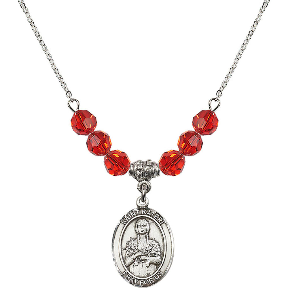 Sterling Silver Saint Kateri Tekakwitha Birthstone Necklace with Ruby Beads - 8061