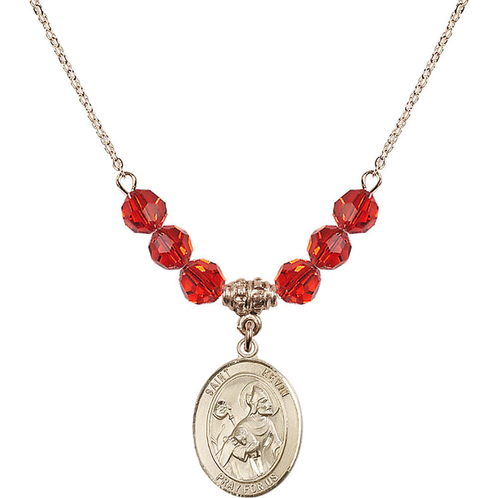 14kt Gold Filled Saint Kevin Birthstone Necklace with Ruby Beads - 8062