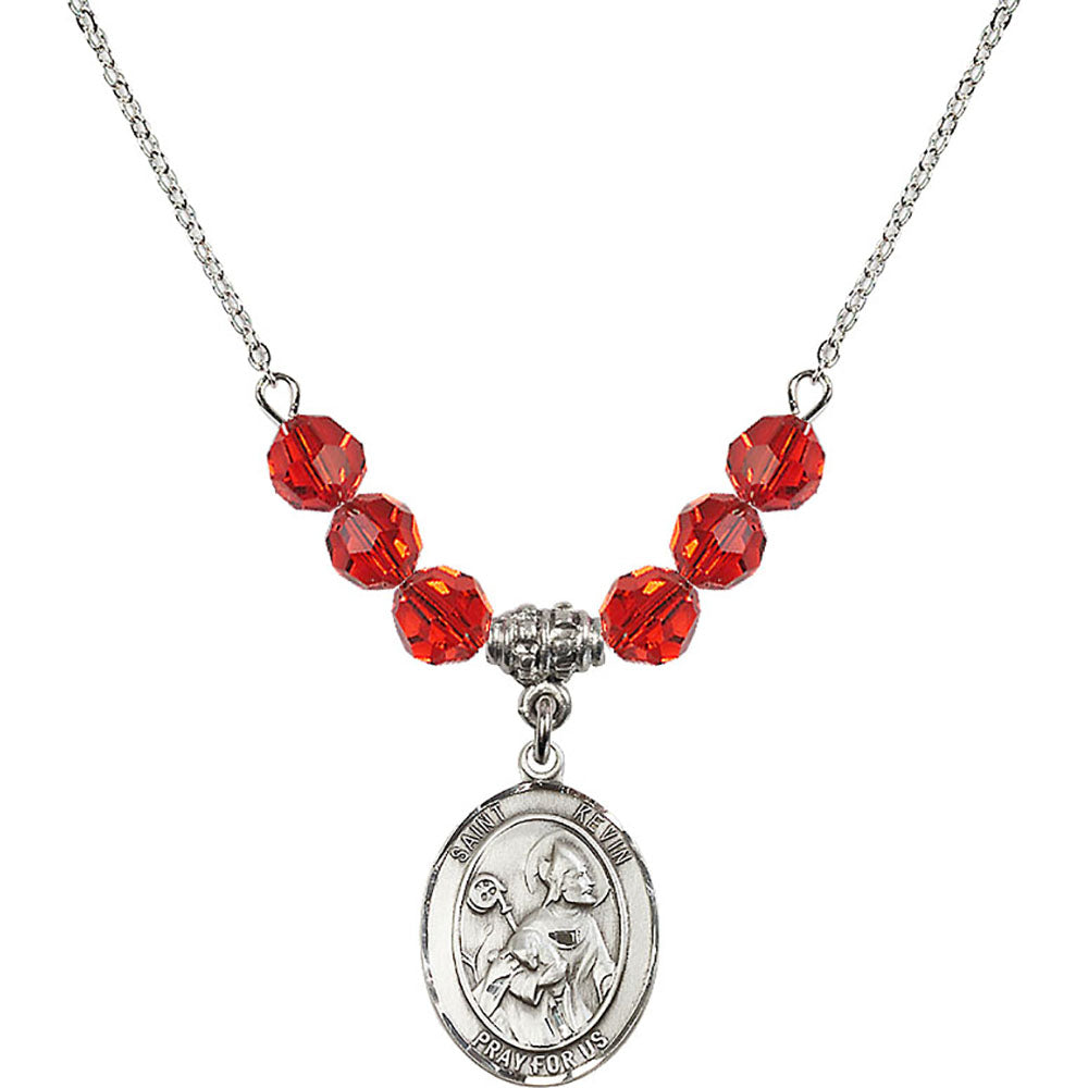 Sterling Silver Saint Kevin Birthstone Necklace with Ruby Beads - 8062