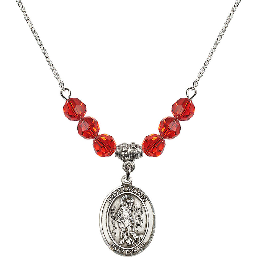 Sterling Silver Saint Lazarus Birthstone Necklace with Ruby Beads - 8066